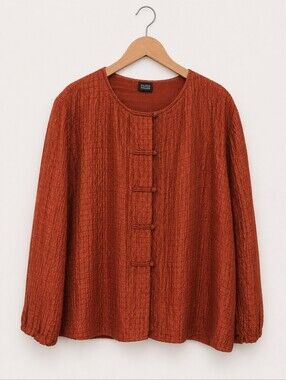 Eileen Fisher Orange Textured Silk Linen Top Large